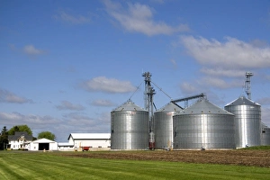 Storage Prints: Metal grain storage bins on a farm in Sauk County, Wisconsin, USA