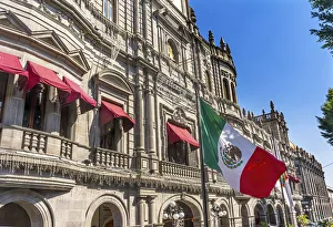 Puebla Prints: Mexican Flag Major Shopping Street Government Buildings Hotel Zocalo, Puebla, Mexico