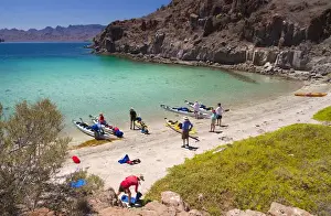 Sea Kayak Prints: Mexico, Baja, Sea of Cortez. A sea kayaking rest stop at azure-colored Honeymoon