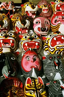 Mexico City. Brightly coloured souvenir masks at the street market near Templo Mayor, Zocalo