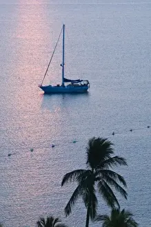 Manzanillo Prints: Mexico, Colima, Manzanillo. Manzanillo Bay / Sailboat at Sunrise