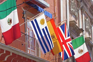 Mexican Prints: Mexico, Guanajuato. Flags displayed from balcony