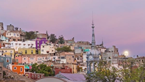 Guanajuato Prints: Mexico, Guanajuato. Moonset over the city