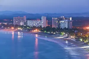 Twilight Prints: Mexico, Guerrero, Ixtapa. Ixtapa Hotels along Playa del Palmar / Dusk