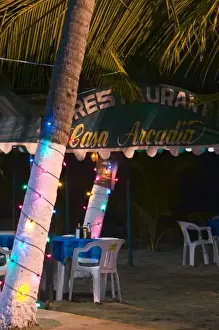 Text Prints: Mexico, Guerrero, Zihuatanejo. Beachside Cafe / Playa Municipal / Evening