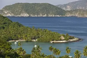 Zihuatanejo Prints: Mexico, Guerrero, Zihuatanejo. Playa Las Gatas- High Vantage View Morning