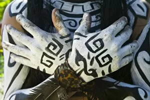 Images Dated 12th December 2006: Mexico, Guerrero, Zihuatanejo. Young Man in Mayan Costume (MR) Decorated Hands