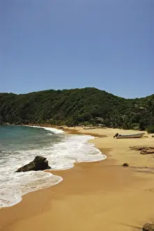 Peace Prints: Mexico, Mazunte, scenic view of beach with mountains and houses in the background