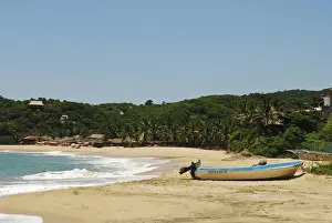 Anthony Asael Prints: Mexico, Mazunte, view of a nautical vessel moored on sand at the shore of the beach with trees