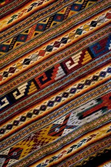 Hispanic Prints: Mexico, Oaxaca, Detail of hand-woven rug using Zapotec Indian design displayed