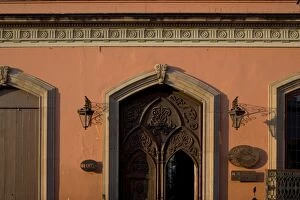 Mexico, Oaxaca, Morning sun lights restored colonial-era doorway of Casa de Sierra