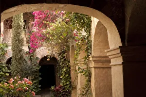 Mexico, Oaxaca Province, Oaxaca, courtyard of arches and bougainvillea flowers in Camino Real Hotel