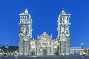 Puebla Prints: Mexico, Puebla, Puebla Cathedral completed in the 17th century at twilight