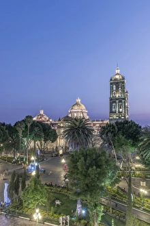 Puebla Prints: Mexico, Puebla, Zocolo and Puebla Cathedral at Twilight