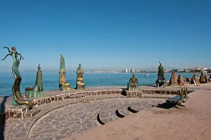 Mexican Prints: Mexico, Puerto Vallarta. The Rotunda of the Sea sculpture on the Malecon, Puerto Vallarta