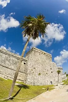 Mexico, Quintana Roo, Tulum. This is El Castillo of Tulum. The Tulum ruins are located on 39-ft