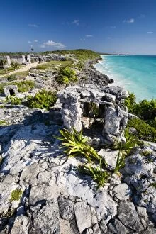 Mexico, Quintana Roo, Tulum. A view from the main temple of the Tulum ruins. The