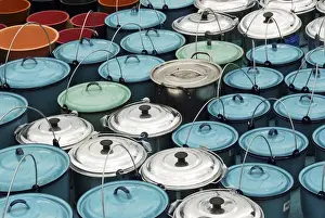 Choice Prints: Mexico, San Juan de Chamula, metallic buckets with handles in abundance displayed