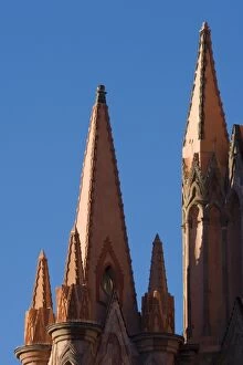 Mexico, San Miguel de Allende. Daytime detail of La Parroquia church spires