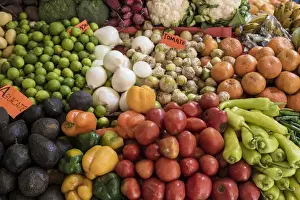 Mexico, San Miguel de Allende. Display of fruits and vegetables at market. Credit as