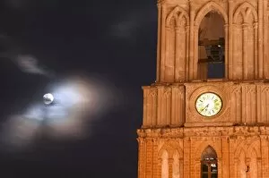 Mexico, San Miguel de Allende, Evening sky with moon and church clock