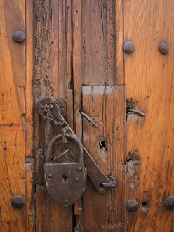 Guanajuato Prints: Mexico, San Miguel de Allende. Padlock on wooden door