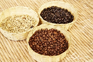 Coffee Prints: Mexico, Sierra Madre Mountains. Baskets of plantation coffee beans in stages of roasting