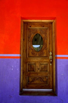Copper Canyon Prints: Mexico, State of Chihuahua, Copper Canyon, Creel. Typical street scene, colorful doorway