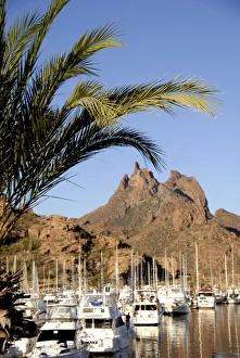 Mexico, State of Sonora, San Carlos. Harbor & port area, Tetakawi Hill in the distance