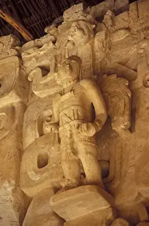 Bas Relief Prints: Mexico, Yucatan. Stucco bas-reliefs on the front facade of La Torre; Ek Balam ruins