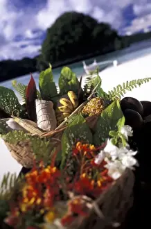 Banana Prints: Micronesia, Palau. Traditional Palauan food in basket