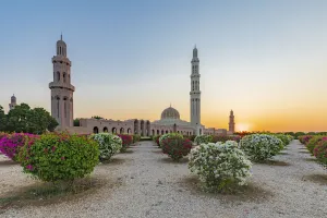Images Dated 9th March 2021: Middle East, Arabian Peninsula, Oman, Muscat. Sunset view of the Sultan Qaboos Grand