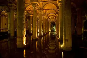 Cistern Prints: Middle East Turkey and city of Istanbul view of the Basilica Cistern or know as