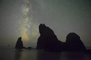 Prints of The Milky Way rising behind sea stacks on Ruby Beach, Olympic National Park, Washington State Images Dated 2020 March: The Milky Way rising behind sea stacks on Ruby Beach, Olympic National Park