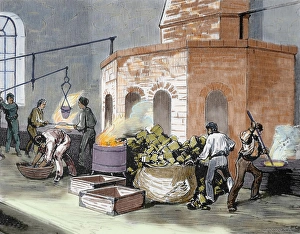 Industry Prints: The Mint House. Workers in the smelting of gold pastes. Colored engraving from 1872