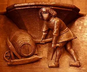 Images Dated 28th October 2003: Misericord from Beauvais. Cooper. Barrel on a wheel-barrow. 15th cent