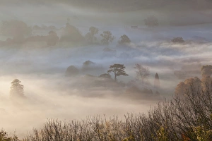 Ethereal Prints: Misty autumn morning, Uley, Gloucestershire, England, UK
