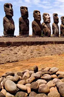 Images Dated 2002: Moai Statues at Ahu Nau Nau Platform in Easter Island during Tapati Festival Rapa Nui