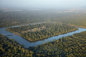 Cambodia Collection: Moat around Angkor Wat, UNESCO World Heritage Site, Siem Reap, Cambodia - aerial