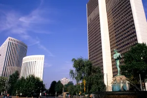 Images Dated 15th April 2005: Modern Architecture and Statue in Frankfurt Germany