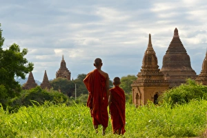 Robe Prints: Monks with ancient temples and pagodas, Bagan, Mandalay Region, Myanmar