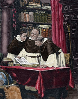 15th Century Prints: Monks reading a copy of the Gutenberg Bible. Engraving by O. Roth in The Spanish