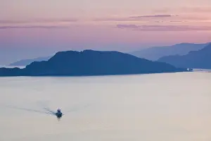 Yacht Prints: MONTENEGRO, Sveti Stefan. Yacht near Sveti Stefan Island / Sunset