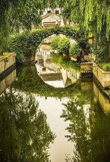 : Moon Bridge, Shaoxing City, Zhejiang Province, China. Water Reflections Small City, China