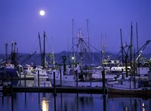 Moon rise over fishing boats in Newport harbor, Oregon