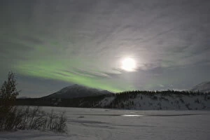Images Dated 4th November 2004: The moon rises over a curtain of green aurora borealis shimmering over the Middle