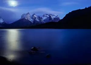 The moon shines on Lago Pehoe and the Horns - Las Cuernos
