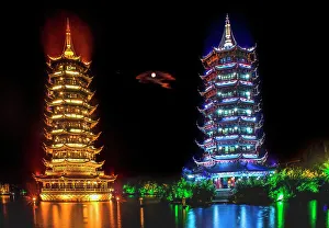 Illuminated Prints: Moon Silver and Sun Gold Pagodas with Real Moon Guilin Guangxi Province, China