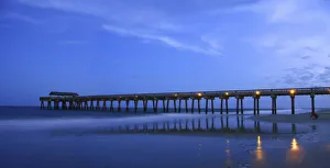 Boardwalk Prints: Moonlit Beach with Pier, Tybee Island, Georgia, USA