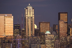 Elliott Bay Prints: Moonrise behind the downtown Seattle skyline, Seattle, WA